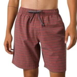 Prana Men's Metric E-Waist Shorts Burgundy Stripe UPF 50 Water Friendly XXL NWT